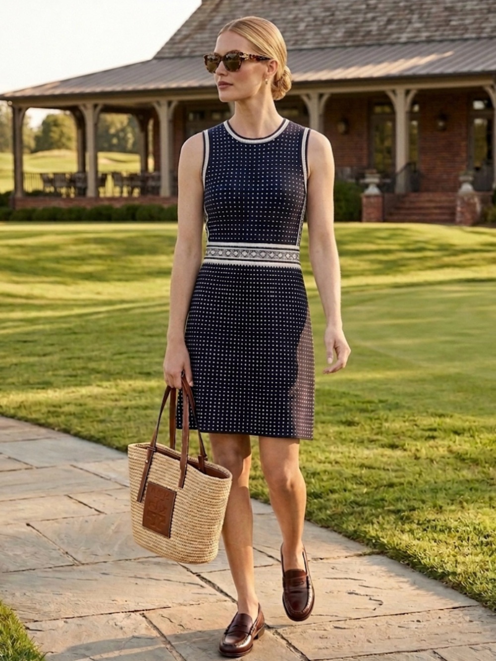 Tory Burch Navy Mini Geo Stitch Knit Sleeveless Dress Size S/P EUC